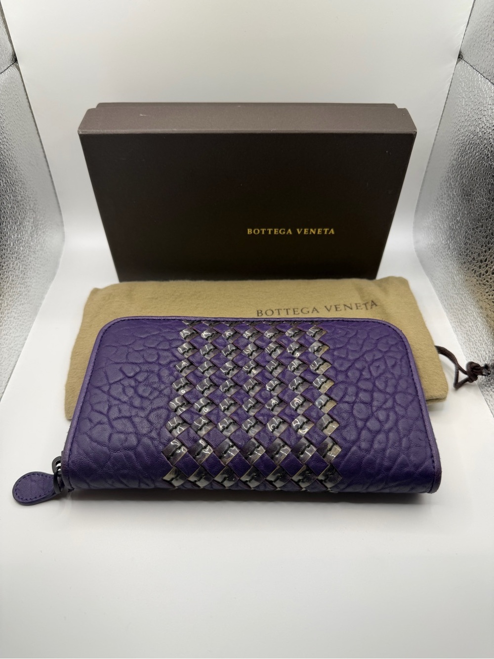 Bottega Veneta Purple Intrecciato  Woven Zip-Around Wallet